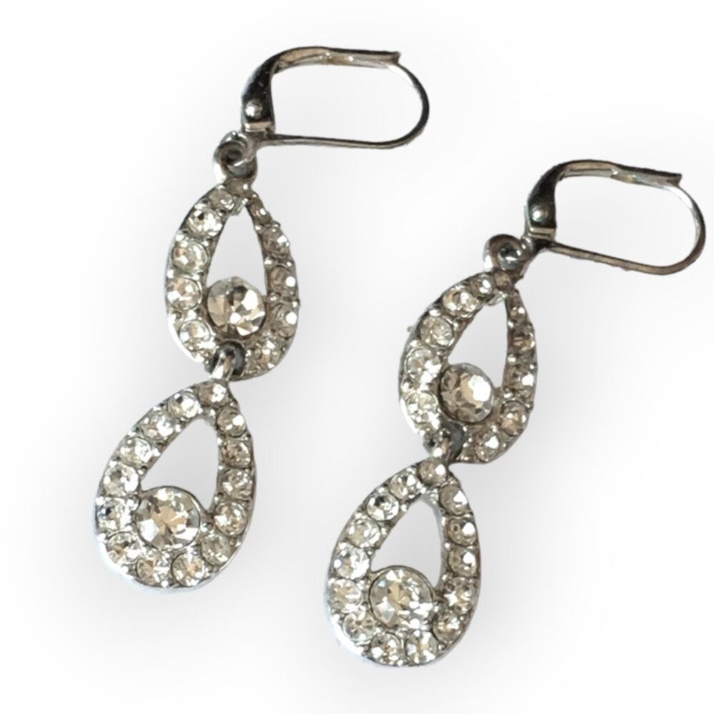 Bright silver tone clear rhinestone bridal earrings, french hook closure